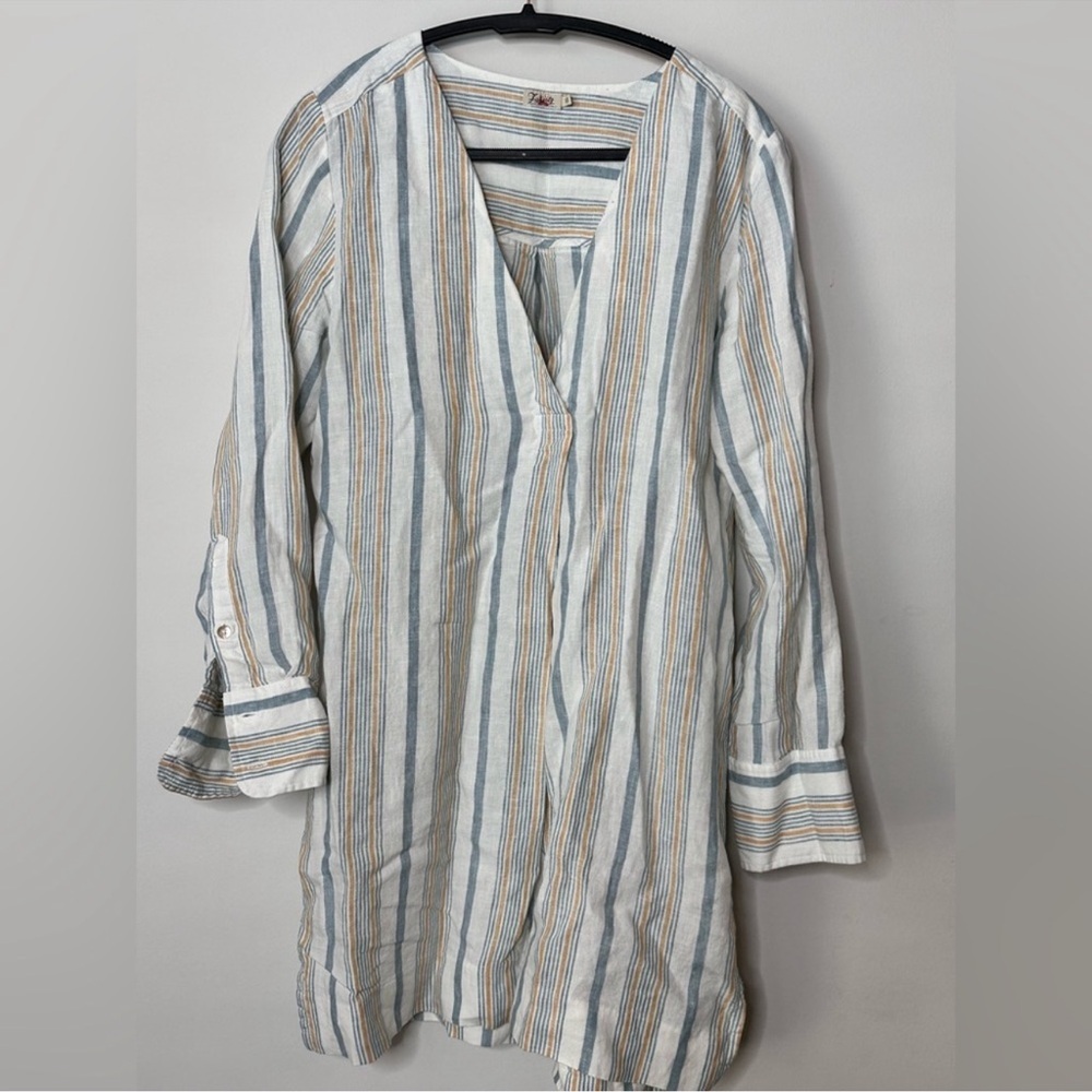 Faherty Striped V-Neck linen Dress/Cover Up small